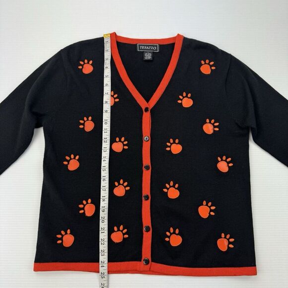 Terazzo Women’s Large Black Cardigan Paw Print Sweater Orange Trim Dog Cat - Picture 11 of 13